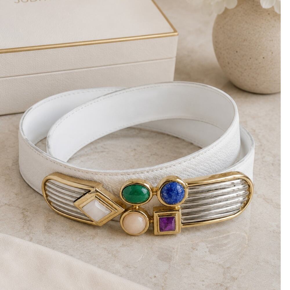 Judith Leiber Vintage Art Deco Gemstone Cabochon Statement Belt White Adjustable